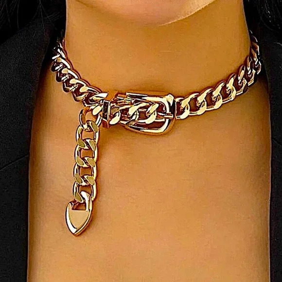 Gold Belt Buckle Design Exaggerated Oversized Chunky Choker - Picture 1 of 6